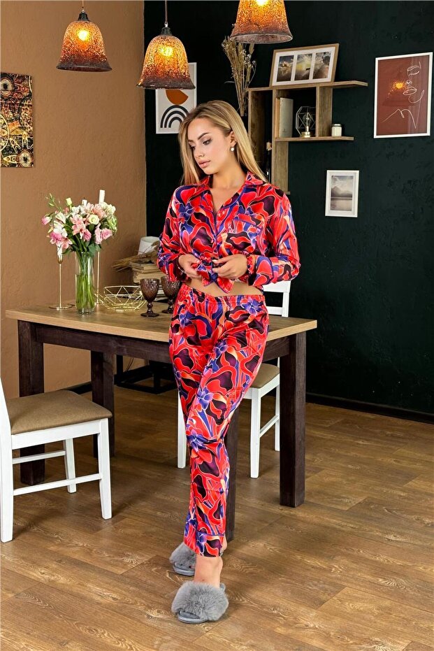 Soyut Çiçekler Desen Saten Uzun Pijama Takımı - 3