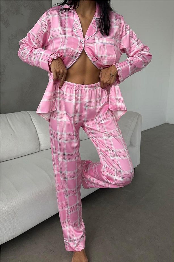 Pudra Ekose Desen Saten Uzun Pijama Takımı - 1