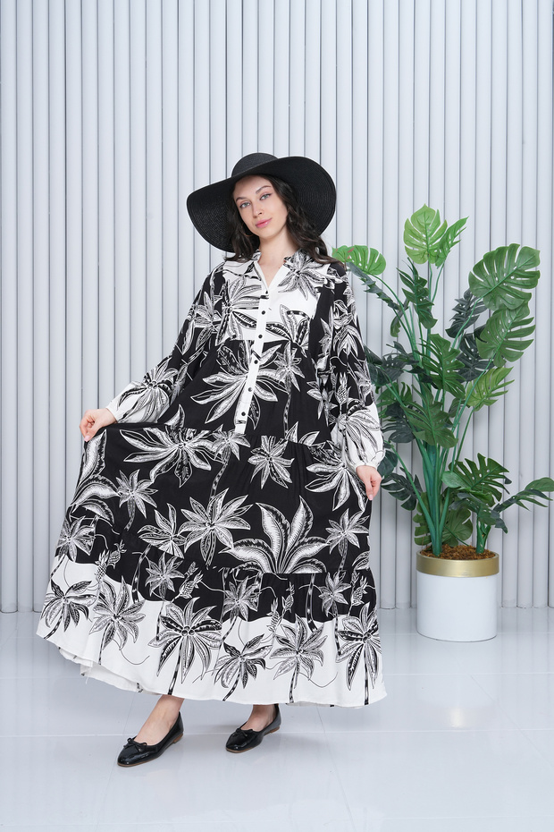 Women's Black and White Print Ankle Elastic Balloon Sleeve Long Dress