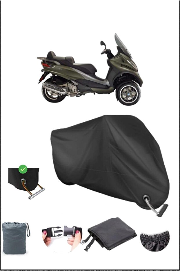 Black Piaggio Mp3500 Durable Lock Compatible Waterproof Motorcycle Tarpaulin
