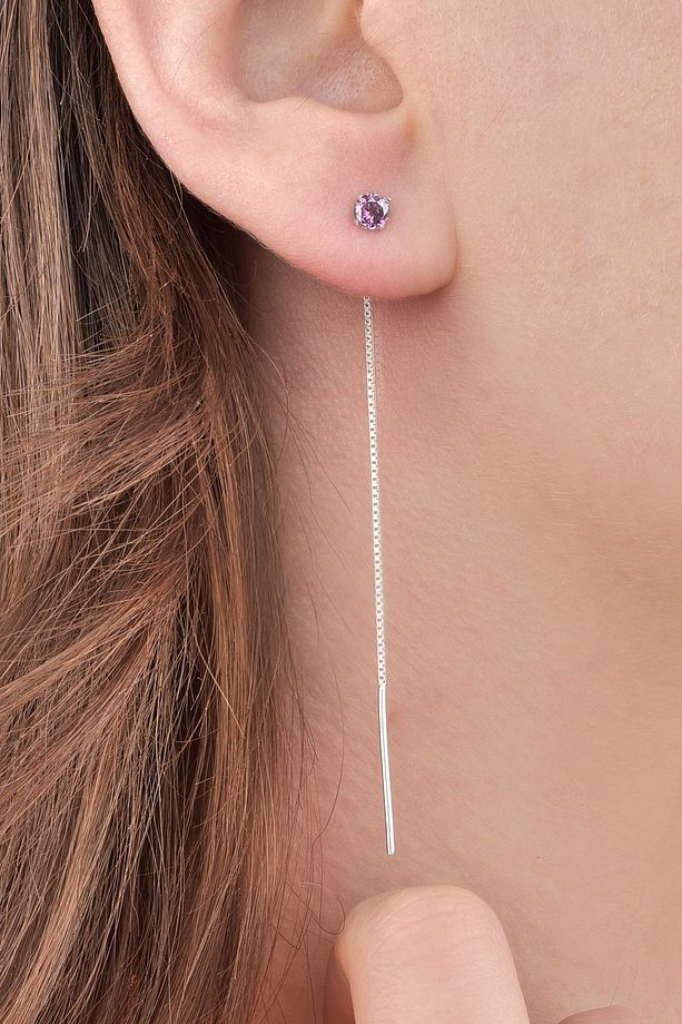 Gümüş 925 Ayar 4 Mm Zirkon Pembe Tek Taş Tekli Zincir Küpe - 1