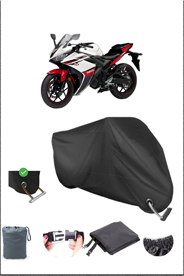 Black Yamaha Yzfr25 Durable Lock Compatible Waterproof Motorcycle Tarpaulin