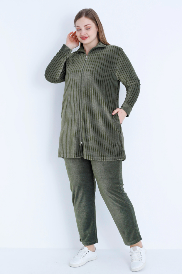 Women's Plus Size Line Print Long Sleeve Zipper Pocket Cotton Velvet Bottom Top Suit