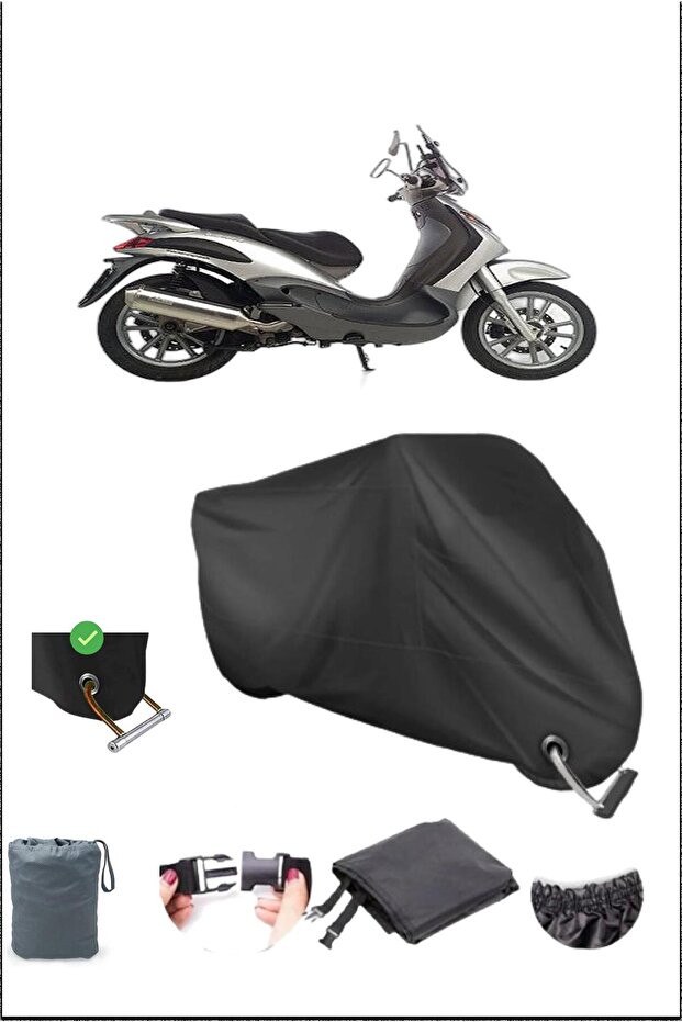 Black Piaggio Beverly200 Durable Lock Compatible Waterproof Motorcycle Tarpaulin