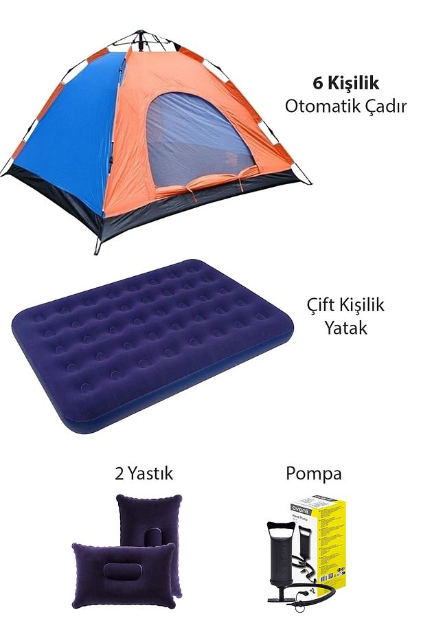 6 Kişilik Otomatik Kolay Kurulum Kamp Çadırı Çift Kişilik Yatak Seti - 1