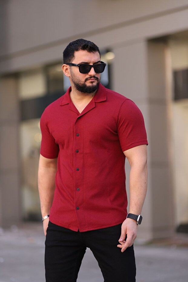 Erkek Bordo Örme Kısa Kollu Gömlek - 1