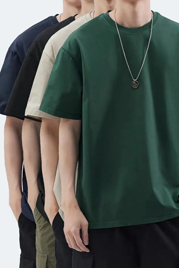 Men's Oversize Black Stone Green Navy Blue 100% Cotton 4-Piece T-Shirt Pack
