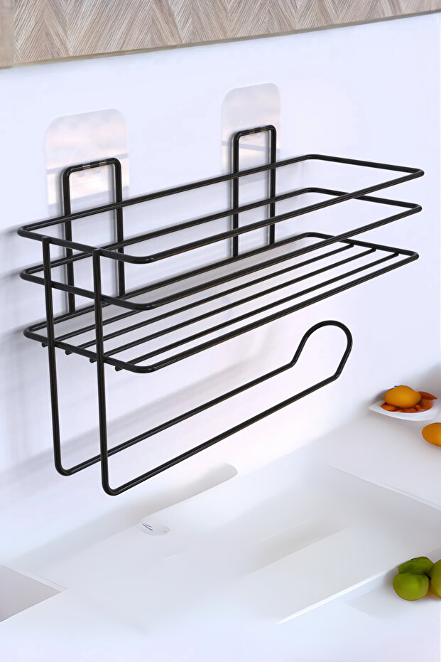 Paper Roll Towel Holder with Adhesive Shelf Napkin Holder Towel Paper Holder Black Bathroom Kitchen Organizer Shelf