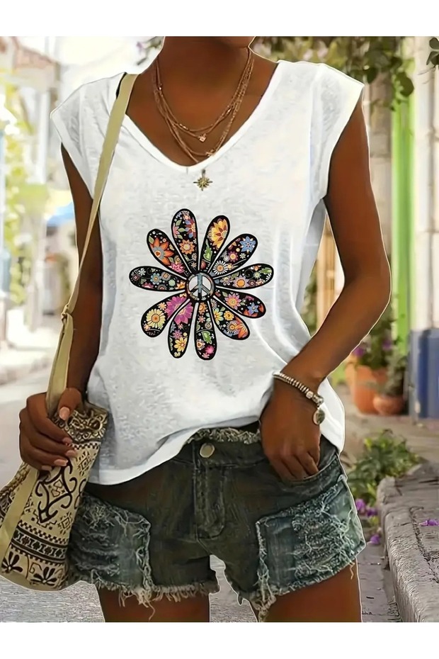 Floral Printed Oversize V-Neck T-Shirt Casual Boyfirend