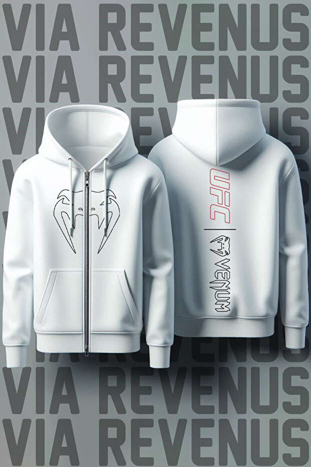 Ufc Front and Back Printed Unisex Zippered Hooded Gray Sweatshirt Cardigan