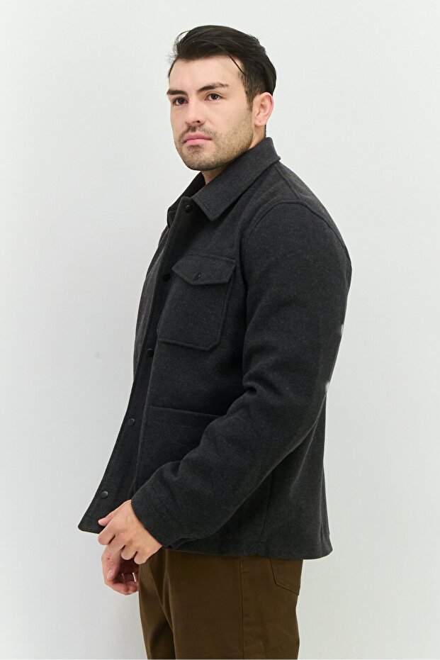 Men Solid Long Sleeves Jacket Shirt, Charcoal - 2