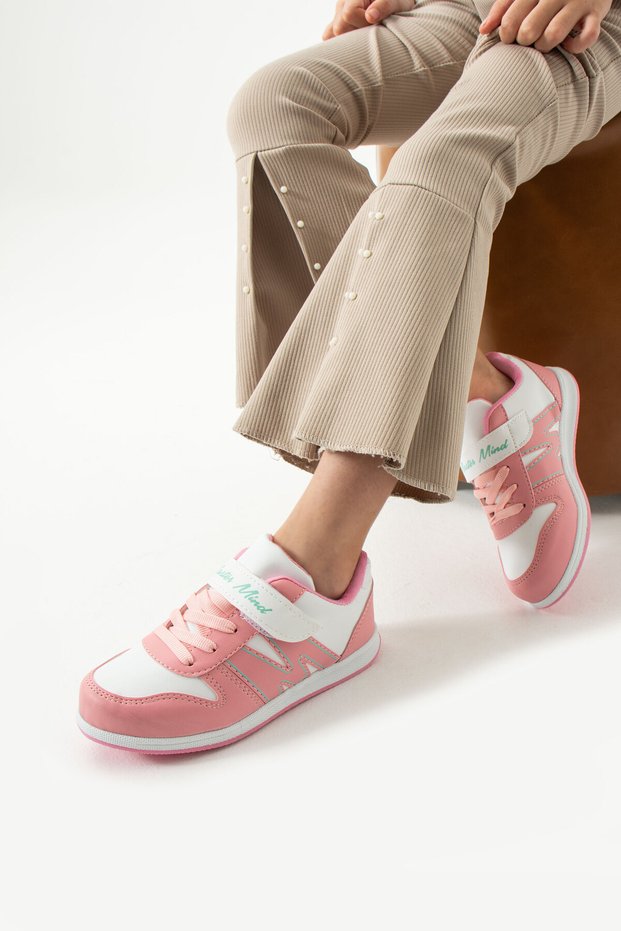 Children's Powder White Lace-Up Single Velcro Summer Winter Faux Leather Unisex Sneaker m Written Sports Shoes