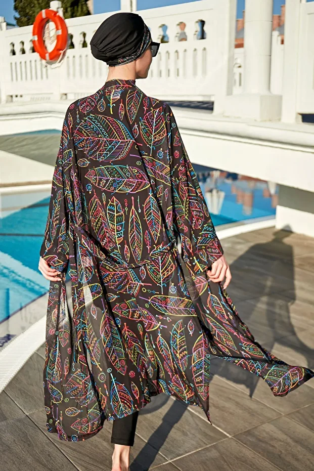 Remsa Tesettür Mayo Üzerine Tek Kaftan Kimono Pareo Yaprak Tema RP004B Zeynep - 4