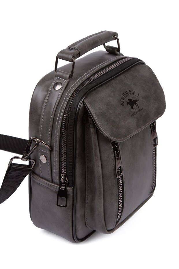 Men's Gray Vegan Leather Daily Adjustable Cross Strap Shoulder and Hand Bag with Phone Compartment