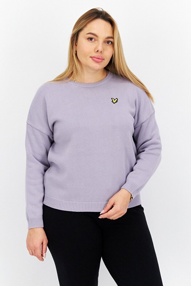 Women Crew Neck Embroidered Logo Knitted Sweater, Light Purple
