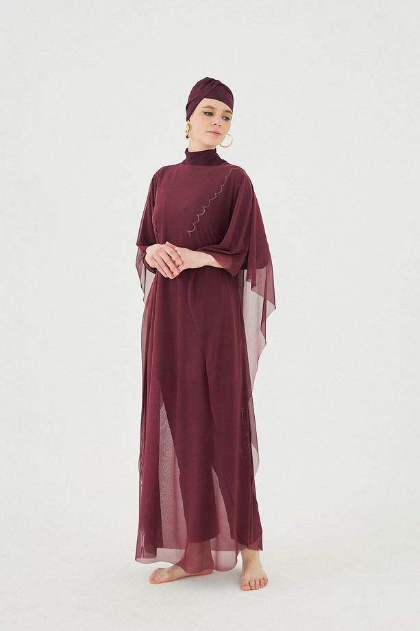 Tesettür Mayo Üzerine Desenli Tek Kaftan Pareo Rp002 Bordo - 7