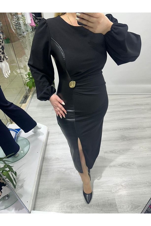 Siyah Gold Düğme Detaylı Yan Deri Parçalı Ön Yırtmaçlı Midi Boy Uzun Kollu Elbise stp 25k2392 - 3