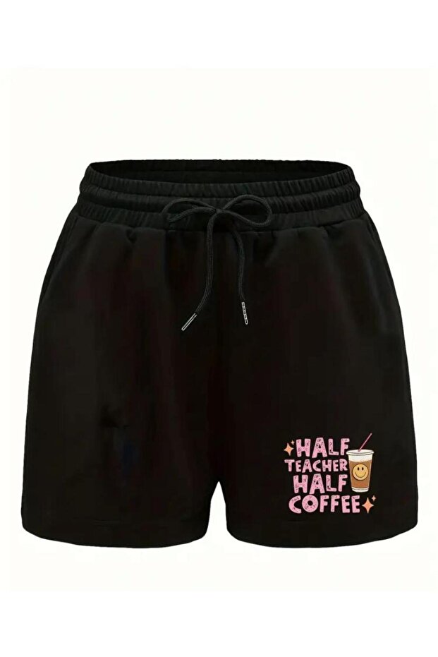 Women's Half Coffee Printed Bermuda Pocket Corded Comfort Fit Fit Black Shorts
