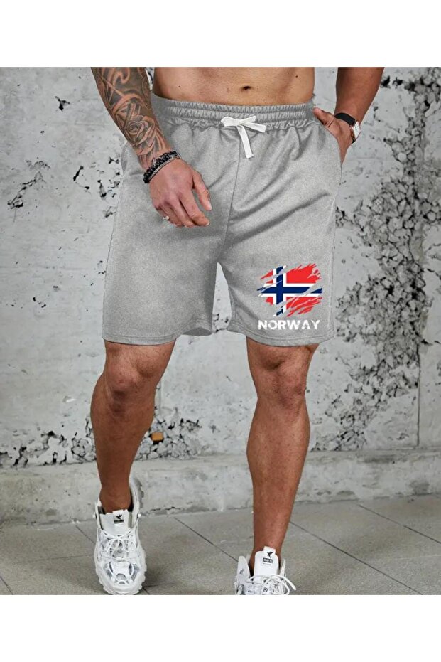 Men's Norway Flag Printed Bermuda with Pockets Cord Regular Fit Fit Gray Shorts