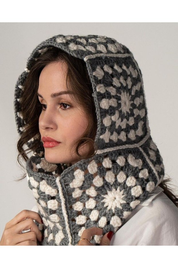 Two-Color Scarf Beanie Balaclava with Pattern, Knitted Balaklava