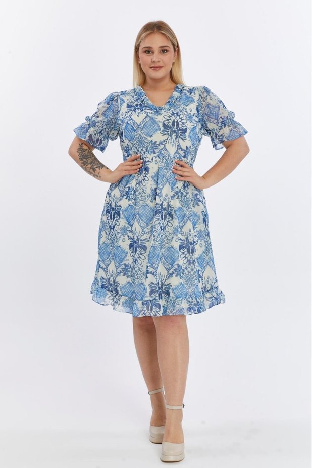 Apsen Women's Blue Patterned Chiffon Dress with Ruffled Collar and Sleeve Detail 4491-110