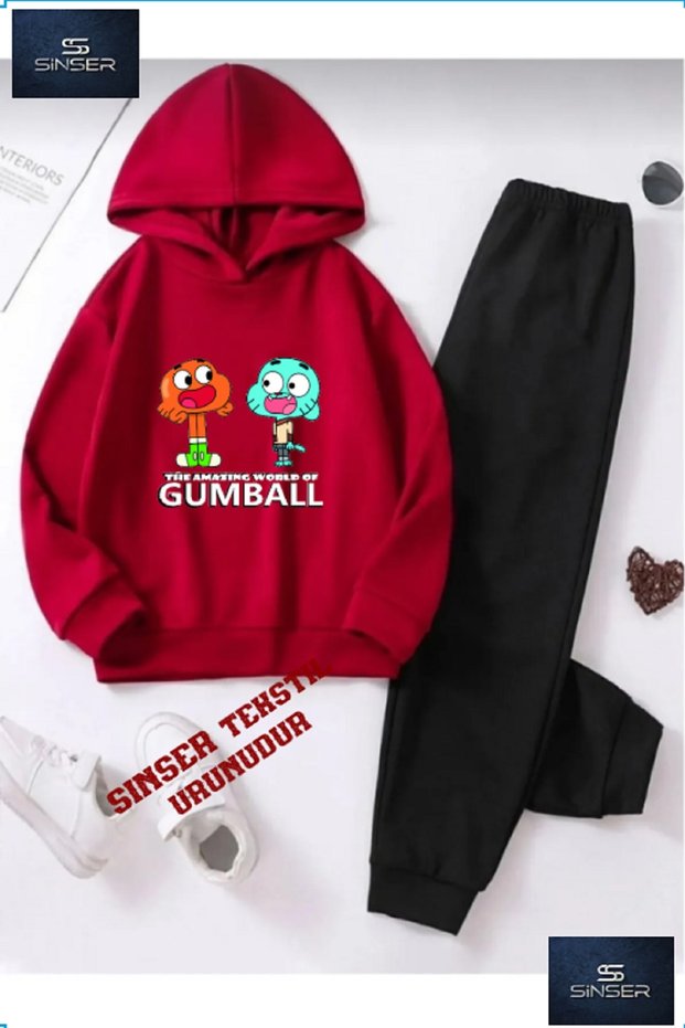 Hooded Children's Printed Tracksuit Set with "Gumball Syh-Byz Written"