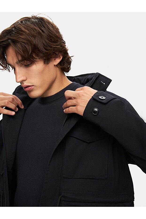 Kapüşonlu Düz Lacivert Mont - 5