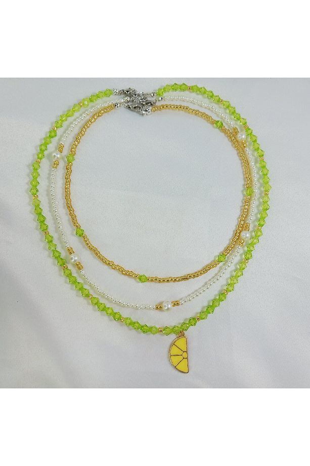 Minimal Limon Üçlü Kolye Seti Trend Limon Kolye Seti Kristal Boncuk Kolye Limon İnci Kolye - 5