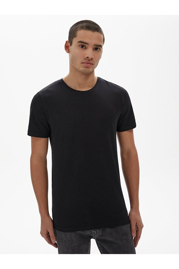 Sıfır Yaka Basıc Kısa Kol Slım Siyah T-shırt - 2