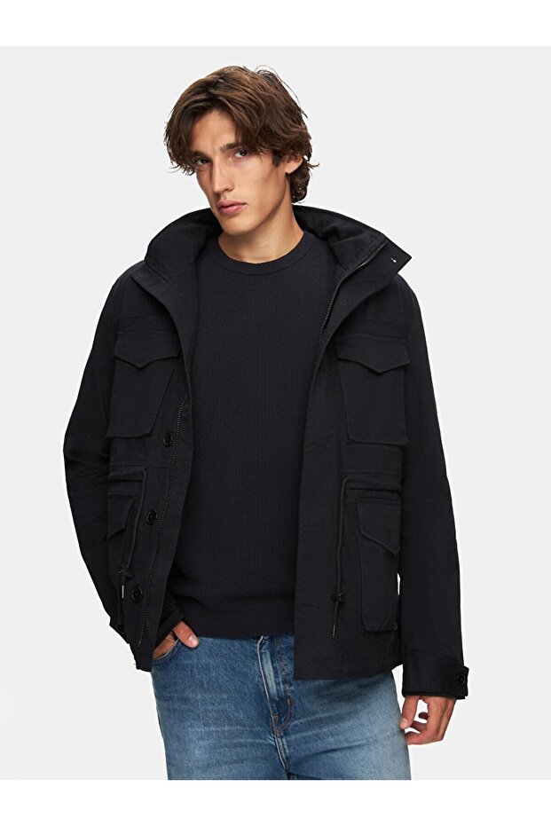 Kapüşonlu Düz Lacivert Mont - 2