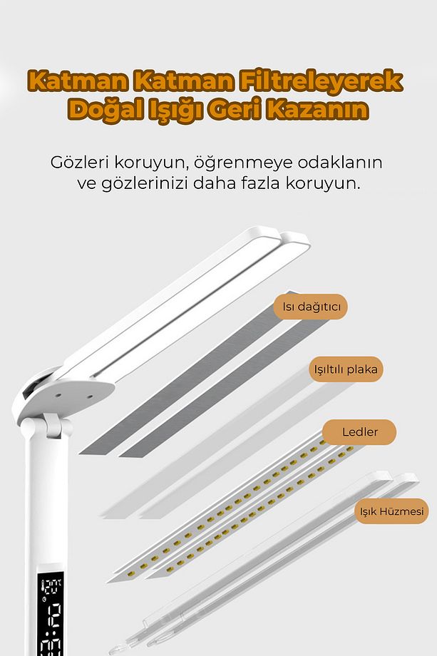 Çok Fonksiyonlu Çalışma Masa Lambası-Dijital Saat, Organizer Kalemlik ve Termometreli Led Aydınlatma - 3
