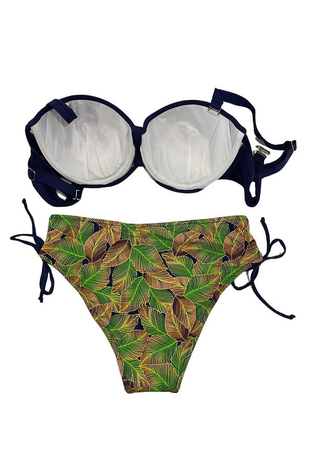 Kadın Lacivert Yaprak Desenli Taş İşlemeli Astarlı Bikini Takım HZL25S-LC3305 - 5