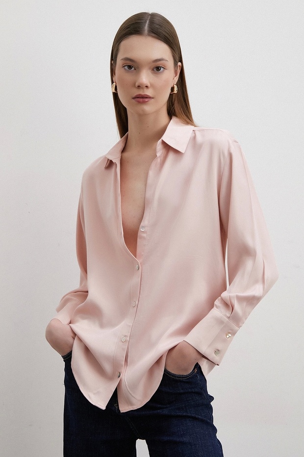 Floş Basic Saten Gömlek Bej - 6