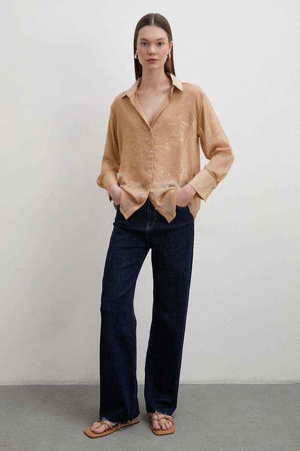 Simli V Yaka Gömlek Gold - 1