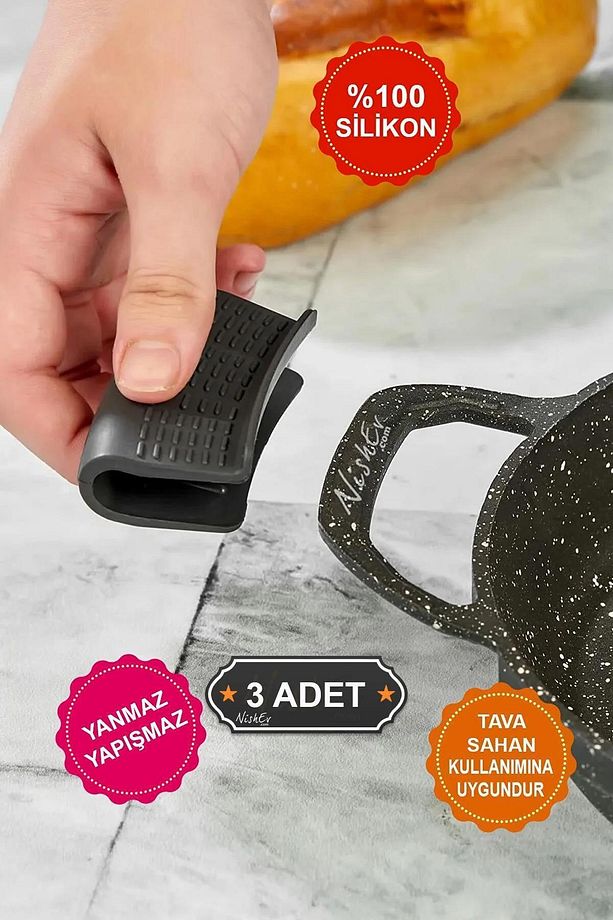 Yanmaz Yapışmaz Silikon Tava, Sahan Tutacağı Silikon Kulp Tutacak – 3 Adet Çift - 1