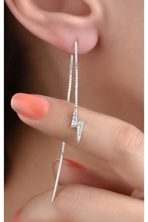 Gümüş 925 Ayar Zirkon Taşlı Asansör Zincir Şimşek Model Tekli Küpe - 1