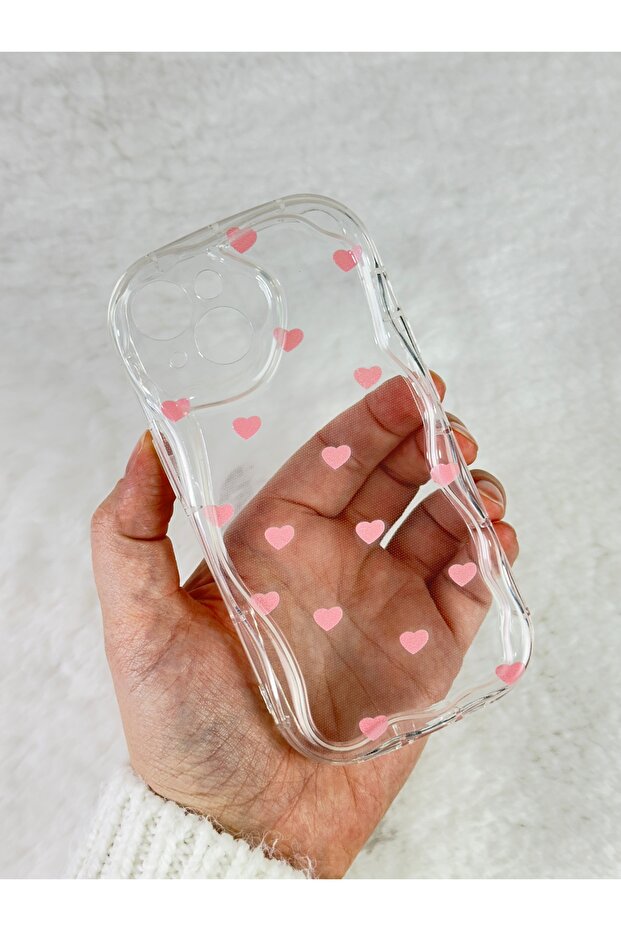Compatible with iPhone 15 - Transparent, Rugged, Shock-Absorbing Camera Protruding Tiny Heart Pattern Poly Case