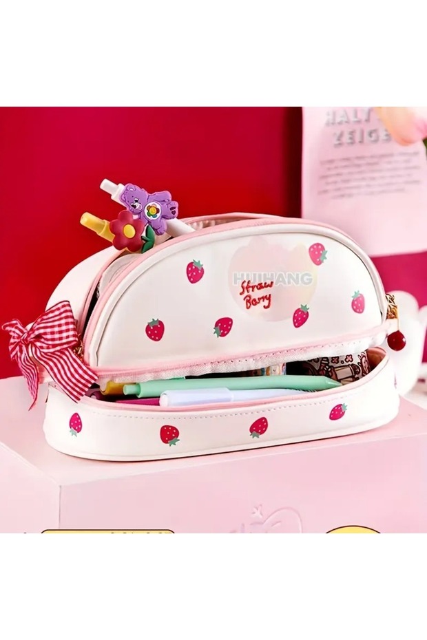 Strawberry Design Double Compartment Faux Leather Pencil Case Pen Holder