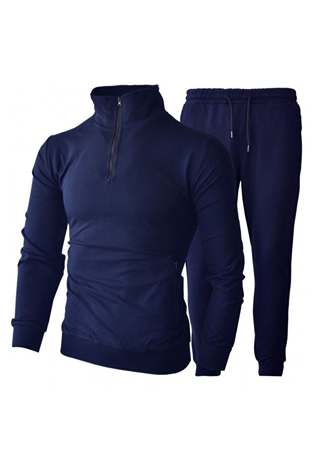 Men's Tracksuit Set Half Zipper Stand Collar 2 Yarn Combed Cloth Vibrant Color Texture