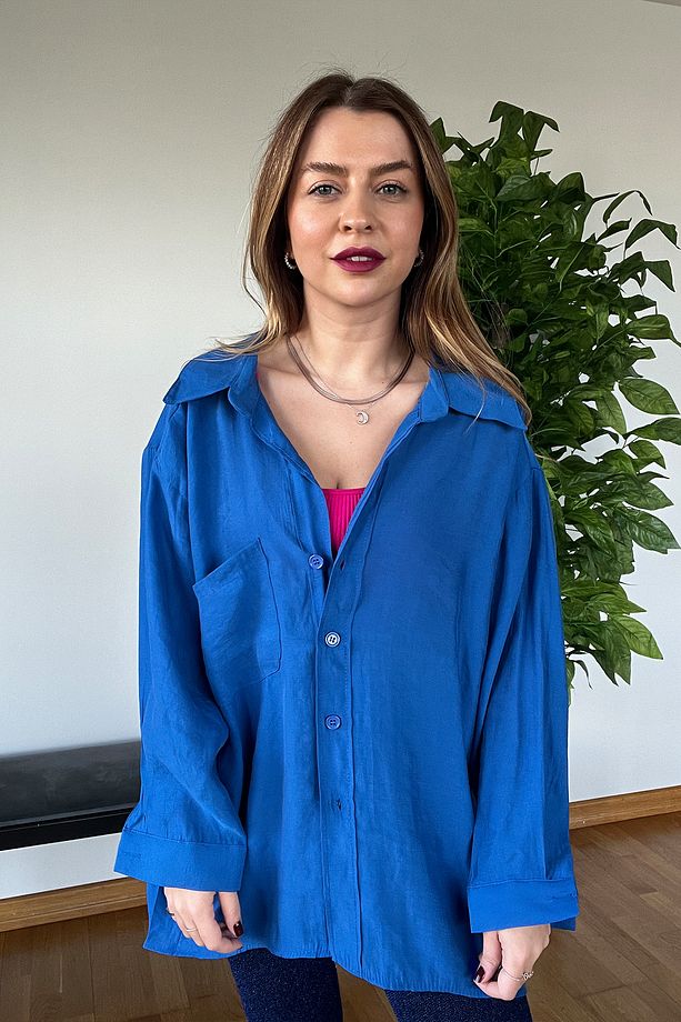 Yeni Sezon Kaliteli Şık Yumuşak Dokulu Uzun Kollu Basic Oversize Kadın Gömlek - 5