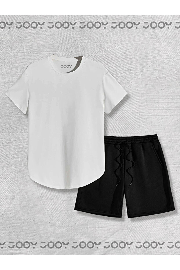 White Oval Cut Tshirt - Black Combed Cotton Shorts Set of 2