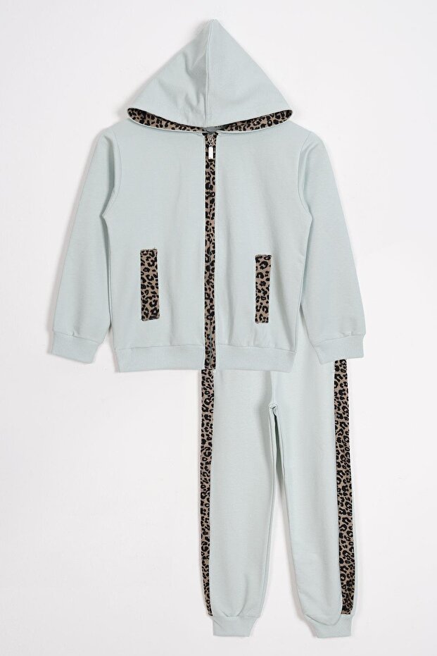 Hooded Leopard Stripe Detailed Mint Color Girl's Tracksuit Set