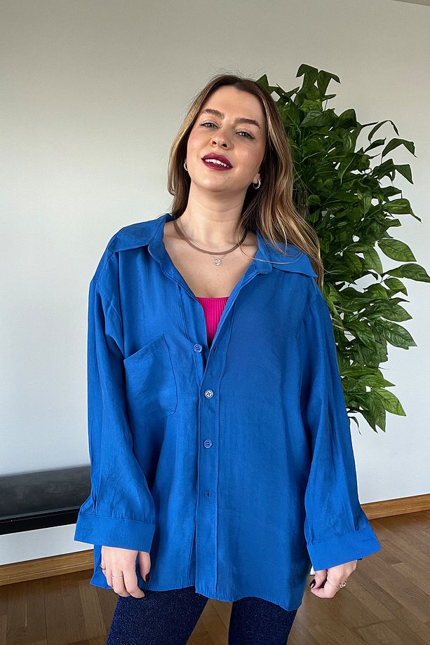 Yeni Sezon Kaliteli Şık Yumuşak Dokulu Uzun Kollu Basic Oversize Kadın Gömlek - 7