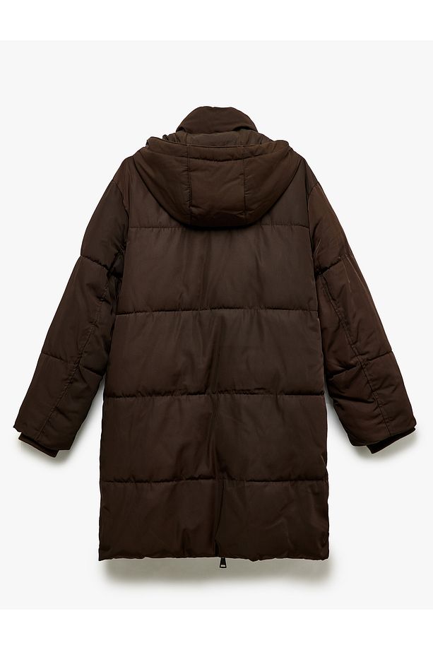 Kapüşonlu Çıtçıt Düğmeli Fermuarlı Oversize Şişme Mont - 4