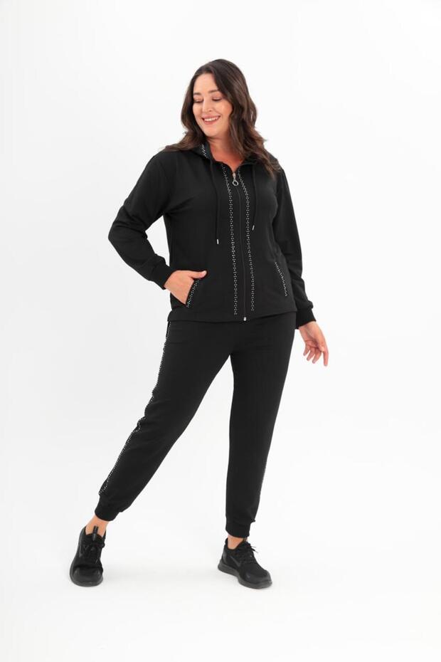 Women's Two Yarn Front Zippered Elastic Leg Hooded Tracksuit Set