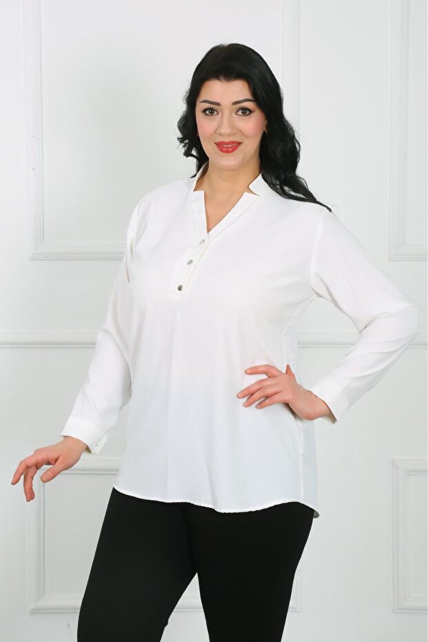 Women's White V-Neck Dubai Fabric Plus Size Shirt