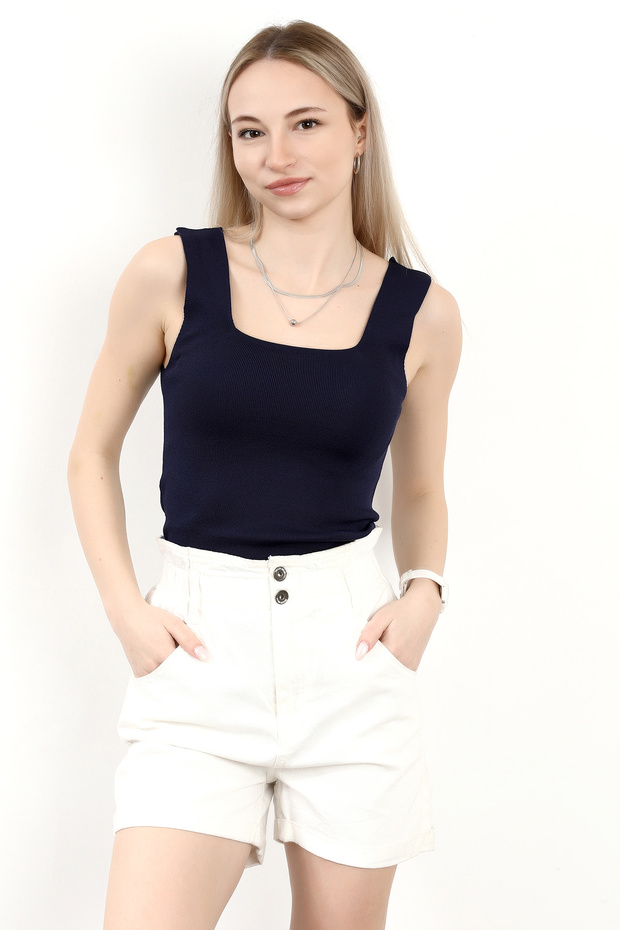 Kadın Kare Yaka Kalın Askılı Basic Triko Bluz Lacivert - 2000 - 5