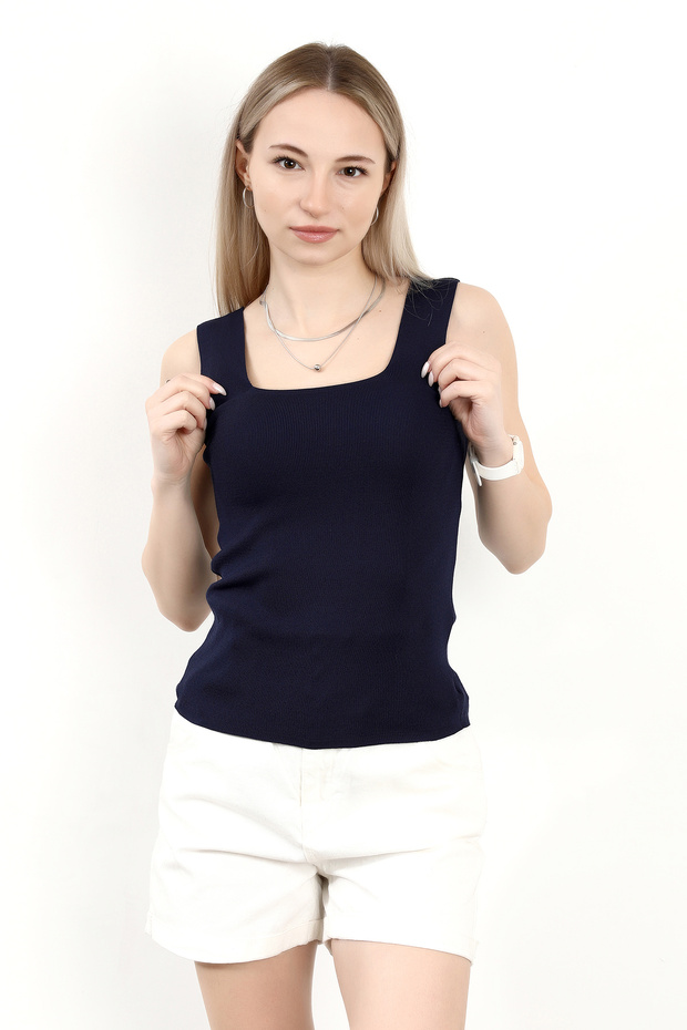 Kadın Kare Yaka Kalın Askılı Basic Triko Bluz Lacivert - 2000 - 6