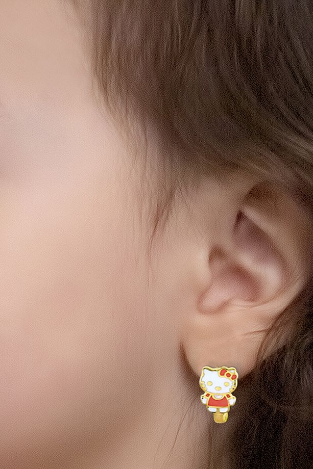 14 Ayar Altın Hello Kitty Çocuk Küpe, Klipsli Renkli Mineli Kız Çocuk Küpe, Mücevher Kutusuyla - 3