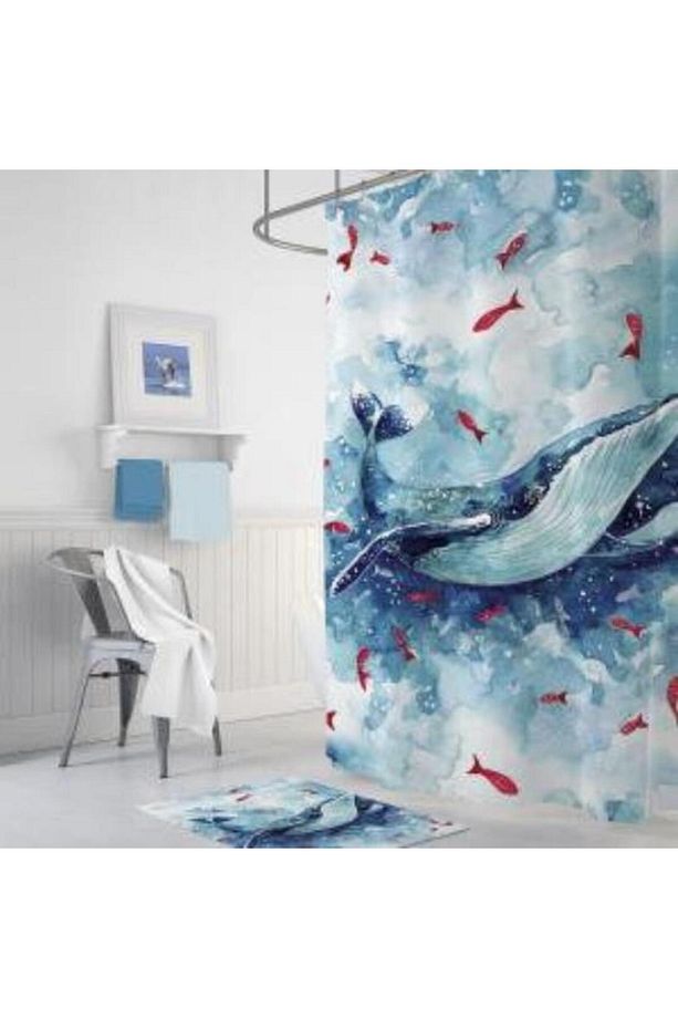 Banyo Paspas Ve Tek Kanat Duş Perdesi 1x180x200 Set Banyo Halısı Whale - 3
